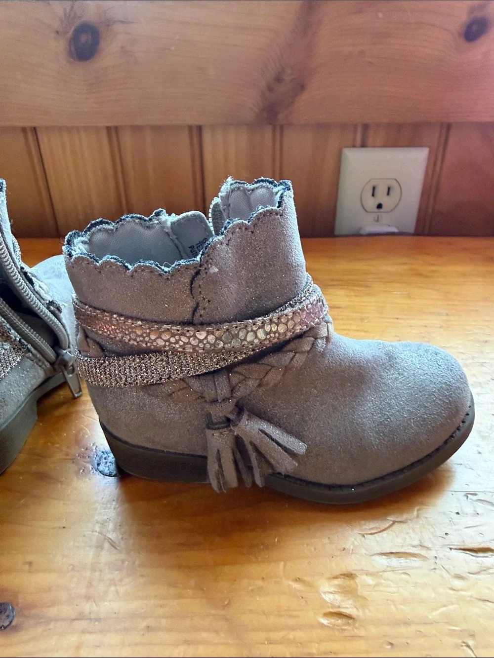 Crown Vintage Girls Tan Suede Ankle Boots with Braided Strap